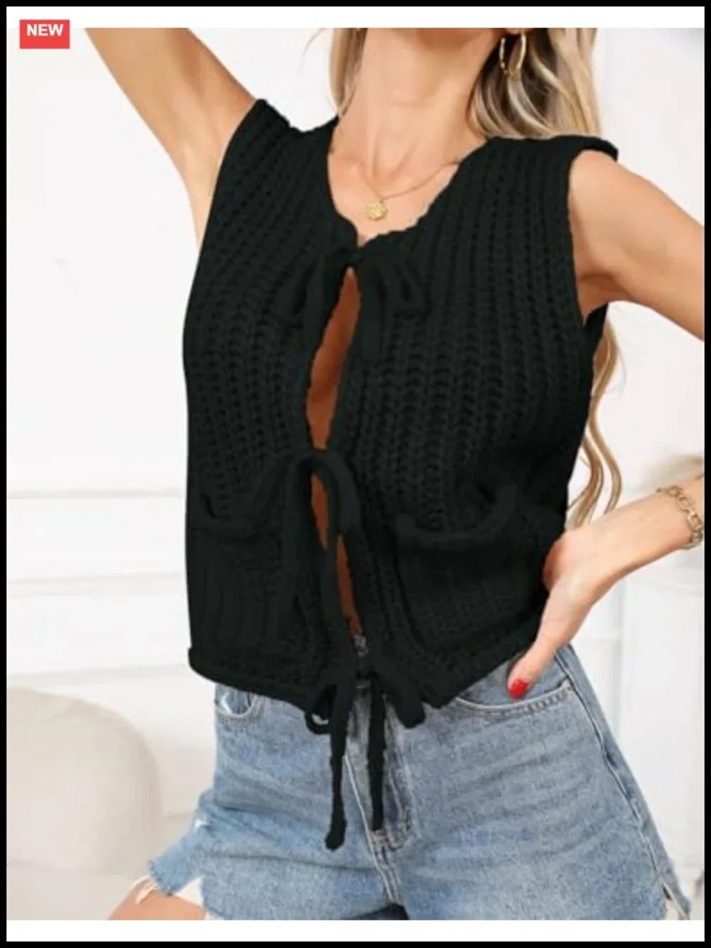Crochet Knit Sleeveless Cardigan Sweater Vest with Pockets Bows